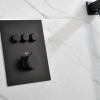 Système de douche thermostatique noir mat ovale à fixation murale, avec fonction cascade, douche à main encastrée et mitigeur de douche pluie