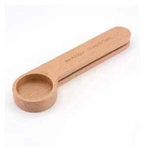 Cuchara de madera personalizada de medición 2 en 1 cuchara de café de madera pequeña con clip para bolsa