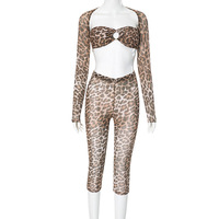 À la mode léopard maille 2 pièces ensemble femmes vêtements haut court et soutien-gorge et Legging ensembles deux pièces tenues Sexy tenue de club