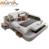 Elegante Cama Tatami Multifuncional Tamaño King/Queen con Almacenamiento Inteligente y Proyector para Dormitorio Principal en Piel Genuina para Bodas