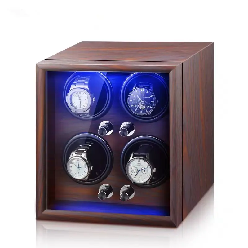 Luxury di alta qualità molle Automatic watch winder safe wood leather rotations watch winder box 4 slot con LED OPEN-STOP