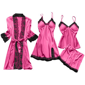 Moda seksi <span class=keywords><strong>Nighty</strong></span> 4 adet setleri pijama toptan saten şort kıyafeti kadın dantel iç çamaşırı saten pijama - Product Image 1