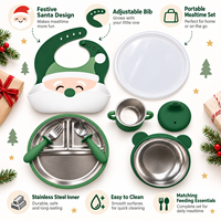 Ensemble d'alimentation pour bébé en silicone et acier inoxydable personnalisé OEM avec assiette, bol, bavoir et ustensiles à motif Père Noël