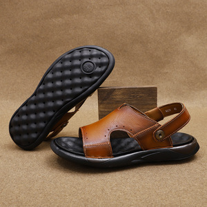 Summer Men's Casual <b>Slides</b> First Layer Cowhide Open Toe Anti <b>Slippery</b> Rubber Outsole EVA Midsole Buckle Strap Sandals - Product Image 2