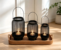 Ensemble de 3 lanternes en métal noir, lanterne à bougie suspendue portable pour la décoration de la maison, du patio, de la table de mariage