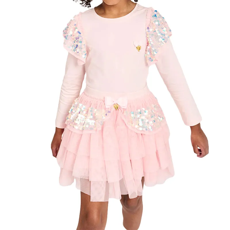 Moda amerika tarzı payetli örgü prenses setleri süper peri çocuk üst ve etek kızlar giyim setleri