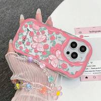 Coque de téléphone portable INS rose motif papillon et fleur avec chaîne pour iPhone 16 Plus 15 17 18 Pro Max, motif crème, coque arrière