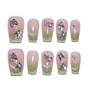 10 ชิ้น/ชุด เล็บปลอมอะคริลิคทรงเหลี่ยมขนาดกลาง สีชมพูไล่เฉดประกายเพชรระยิบระยับ พร้อมกาว SP103 - Product Image 3