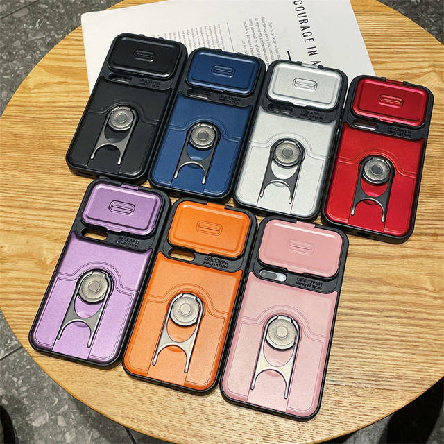 Sliding Window Phone Case for iPhone 17 Pro Max 360° Rotating Ring Holder Shockproof Cover for Samsung S26 Ultra S25 S24 S23 A25