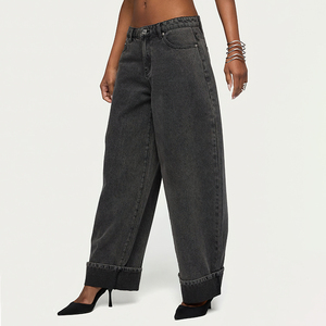 <span class=keywords><strong>Jeans</strong></span> da Donna Vintage Baggy <span class=keywords><strong>Neri</strong></span> Lavati con Orlo Grezzo Indigo, Effetto Snow Wash per Primavera Estate, a <span class=keywords><strong>Vita</strong></span> <span class=keywords><strong>Bassa</strong></span> e Gamba Dritta - Product Image 3