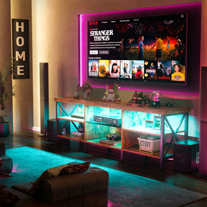Soporte <span class=keywords><strong>de</strong></span> TV LED industrial moderno para televisores <span class=keywords><strong>de</strong></span> hasta 65 pulgadas, consola <span class=keywords><strong>de</strong></span> Panel <span class=keywords><strong>de</strong></span> madera y Metal resistente con estantes abiertos para sala multimedia en el hogar - Product Image 5