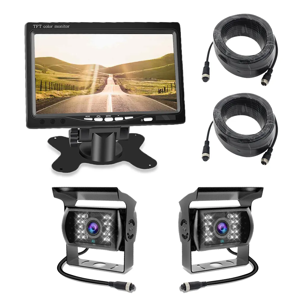 LKW 720P 7 Zoll LCD-Backup HD Nachtsicht Front Rückansicht Sicherheit Rückfahr kamera Kit Dual View Auto Kamera Videosystem