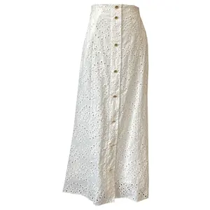 Women Long Length Elegant Skirt Buttons Up Embroidery Casual Fashion Long Skirt For Women