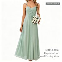 Robe longue trapèze en mousseline tissée vert sauge pour femme avec bretelles spaghetti, col en V et plis – Robe de soirée formelle d'été ODM