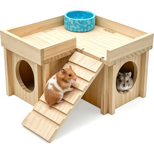 Casa de madera maciza para hámsteres de dos niveles con escalones antideslizantes, refugio interior desmontable para hámsteres pequeños - Product Image 5
