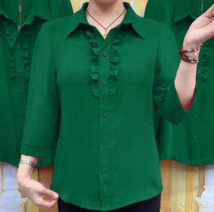 Chemisier pour <span class=keywords><strong>femme</strong></span> à manches trois-quarts, volants sur la patte <span class=keywords><strong>de</strong></span> boutonnage, coupe ample et respirante, col rabattu, idéal pour le quotidien, les trajets et les soirées, support OEM ODM - Product Image 4