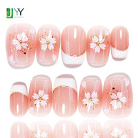 Uñas Postizas Elegantes con Punta Francesa Corta, Estéticas, 10 Piezas, Acrílicas Gruesas Hechas a Mano, con Diseño de Flor de Cerezo, Brillantes y Decoradas