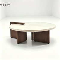 Table basse WBERT moderne Wabi Sabi en travertin naturel avec base en bois de chêne, table centrale ronde en marbre, meubles de salon