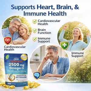 Capsules <span class=keywords><strong>de</strong></span> Gel Doux Oméga 3 Triple Concentration 2500mg <span class=keywords><strong>Huile</strong></span> <span class=keywords><strong>de</strong></span> <span class=keywords><strong>Poisson</strong></span> Marque Blanche en Gros – EPA, DHA, Vitamine D3, K2, Q10 Certifiées pour Adultes - Product Image 1