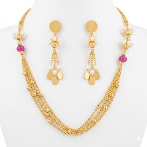 Parure de collier Mala italien en argent 925 plaqué or, chaîne perlée multicouche avec boucles d'oreilles pour femme, idéale pour les soirées - Product Image 1