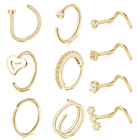 Wholesale Popular L-shaped Flower Nose Nail Set 10pcs Curved Rod S-rod Stainless Steel Inlaid with Colored Zircon Nose Nails