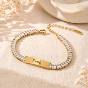 <b>Custom</b> Engraved <b>Name</b> Stainless Steel Bar Bracelet Ladder Square Full Paved Rhinestone Plate Personalized Engraving Jewelry - Product Image 6