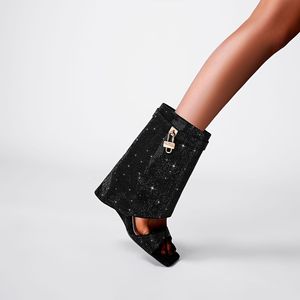 Orange brillant strass bottes courtes pour femmes chaussures Peep Toe requin serrure mode <span class=keywords><strong>sandales</strong></span> à talons compensés - Product Image 5