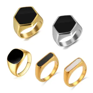 Hot Vintage 316L Stainless Steel Men Ring Gold Tarnish Free Retro Punk Geometrical Square Shape Signet Black Enamel Ring Jewelry