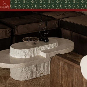 Travertin-Couchtisch Beiger Stein für Wohnzimmer Lounge Maßgefertigt Poliert Organische Form Skulpturales Design - Product Image 4
