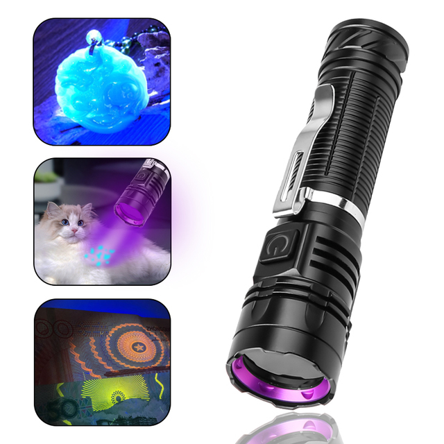Portable Mini Clip Purple Light LED Flashlight 365 UV Jewelry Inspection Aluminum Alloy Type-C Charging Pet Urine Cat Tinea