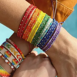 Bohemian Miyuki Manik-manik Beras Disesuaikan Gelang Retro Multilayer Buatan Tangan Beads Pola Pasangan Anyaman Gelang Wanita