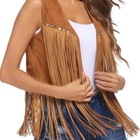 Veste sans manches en faux daim ethnique avec franges longues, style hippie des années 70, cardigan vintage, costume de cowgirl pour femme, idéal pour la performance