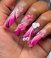 Uñas Postizas Hechas a Mano, Largas y Cuadradas, Base Nude, Punta Francesa Roja, Diseño 3D con Cerezas, Borde Ondulado con Pedrería Dorada, 10 Piezas