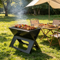 Barbecue au charbon de bois pliable en forme de X, portable, réchaud en fer, sans assemblage, noir, haute efficacité pour le camping, les pique-niques et les barbecues