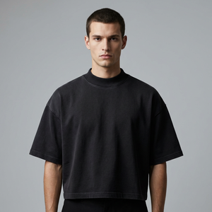 350GSM Cotton Boxy Cropped T-shirt <strong>Grisch</strong> Style Stockholm Blanks Custom Low MOQ Heavyweight Mock Neck Boxy Fit Cropped Tee - Product Image 2
