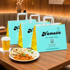 Custom Printed Logo Eco-Friendly Disposable Recyclable Biodegradable Kraft Paper <b>Bags</b> Flat Handles for Indian Cuisine Restaurant - Product Image 2