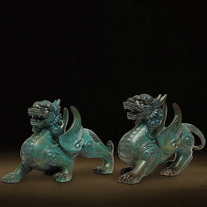 Pixiu Figurines Pair Verdigris Color Handmade Office Decor Sculptures - Product Image 1