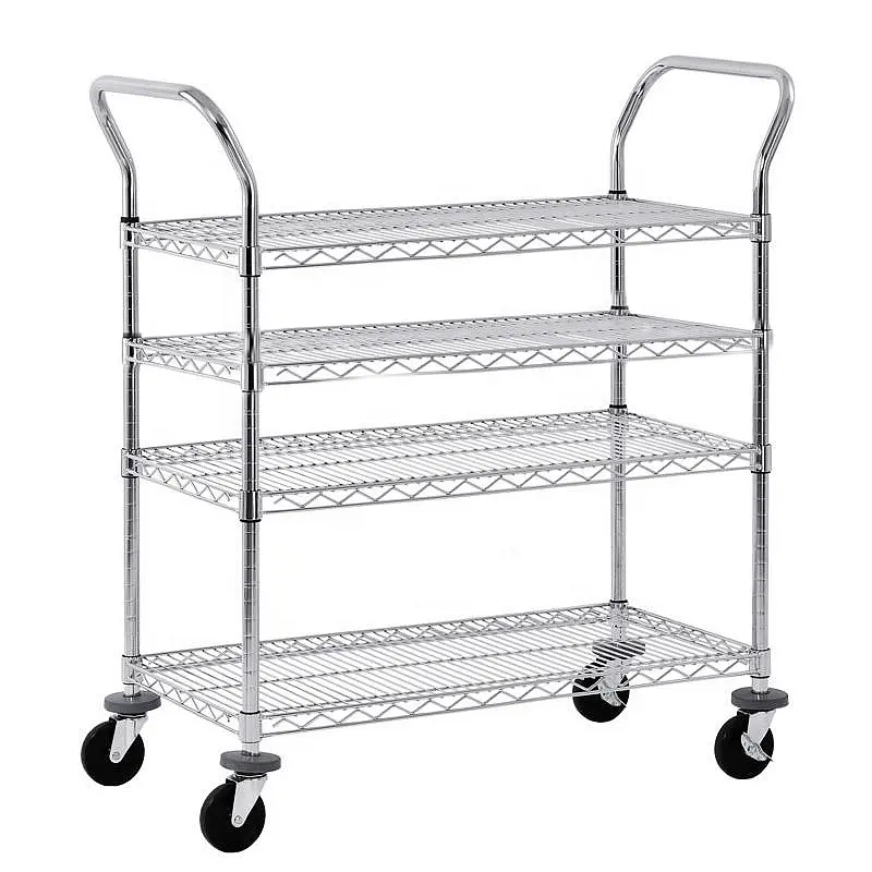 Multi-level 4 Tiers hand carts & trolleys warehouse storage shelf Heavy Duty Metal rack industrial Trolley Cart four wheel