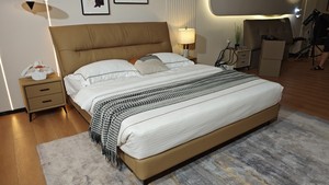 Letto in legno massello Premium grande colomba Ultra morbido letto in tessuto giallo luna camera da letto in vera pelle letto - Product Image 2