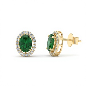 18K 14K Gold Plated Green <b>Emerald</b> <b>Stud</b> <b>Earrings</b> Oval Gemstone Halo Round Diamond <b>Earrings</b> Piercing Women Fine Jewelry Women - Product Image 2