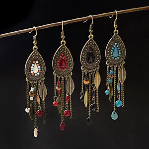 女性波希米亚民族青铜水滴耳环多色石材金属叶子吊坠长穗耳环印度珠宝