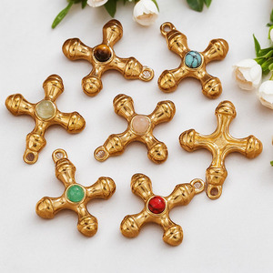 SP1004 - Suministros de Joyería Antideslustre, Chapado en Oro Vintage, Acero Inoxidable, Ojo de Tigre, Cuarzo Rosa, Colgantes con Cruz de Piedras Preciosas - Product Image 6