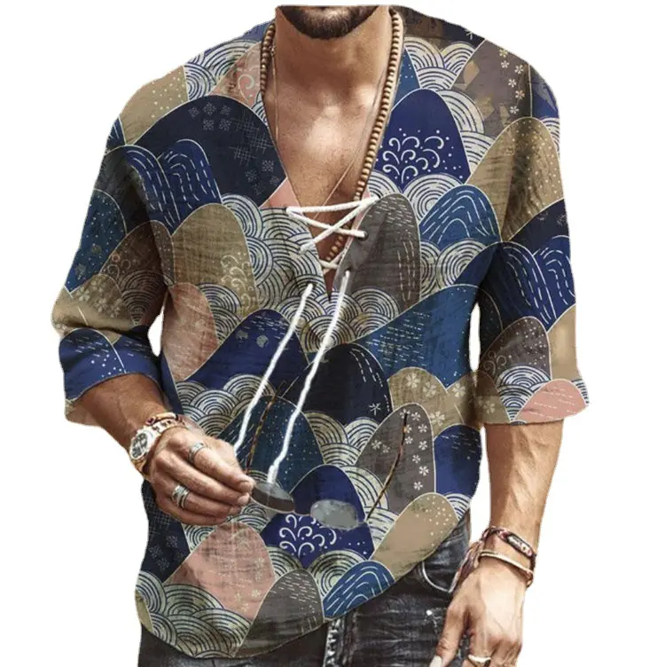 Chemises en coton et lin décontractées à manches longues pour hommes, hauts hippie de plage, tunique de pirate renaissance à imprimé bohème