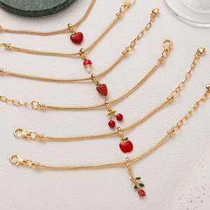 <span class=keywords><strong>Bracelet</strong></span> à breloques fleur de cerisier fleur d'amour fraise rouge émail doré avec chaîne serpent <span class=keywords><strong>Bracelet</strong></span> pomme fruit - Product Image 2