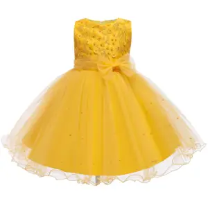 Zarif ekip boyun boncuklu kız düğün elbisesi çocuklar için sarı mizaç parti elbise kız 2-10 yıl diz uzunluk