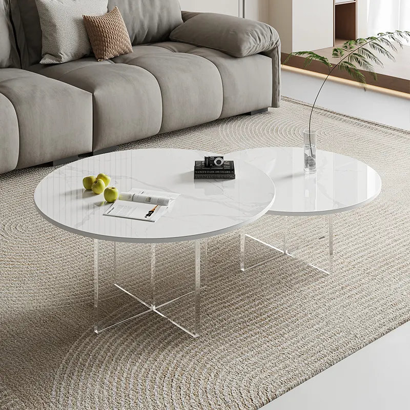 HANYEE新しいデザインの大理石の丸いコーヒーテーブル透明でユニークなモダンなクリアアクリルソファサイドエンドテーブルクリスタルテーブル