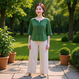 Women Cotton <b>Linen</b> Two Piece <b>Set</b> O Neck Embroidered Loose Fit Wide Leg Pants Breathable Leisure Wear - Product Image 1