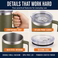 Mug à café isotherme en acier inoxydable de 12 oz avec poignée, gobelet de voyage portable à double paroi pour le camping, maintien thermique de 6 à 12 heures