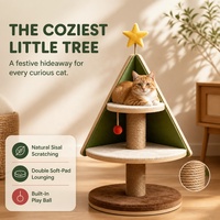 Arbre à chat en bois de Noël avec poteau à gratter en sisal naturel, perchoir confortable à 2 niveaux et jouet pompon suspendu