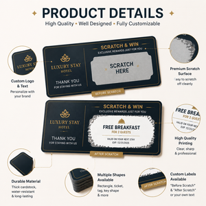 Tarjetas Rasca y Gana de Alta Calidad para Hoteles, Elegantes en Azul Marino y Dorado, Servicio de Impresión Personalizada, Tarjetas de Promoción - Product Image 5
